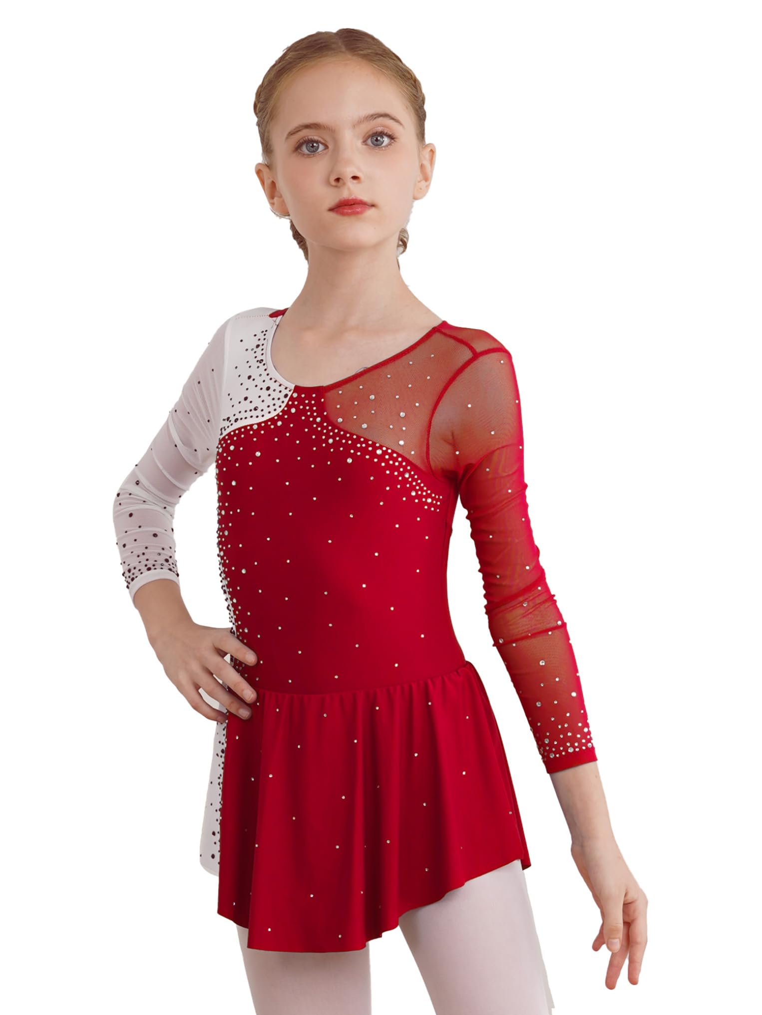 Oyolan Mädchen Eiskunstlauf Kleid - Langarm Ballettanzug Mit Strass