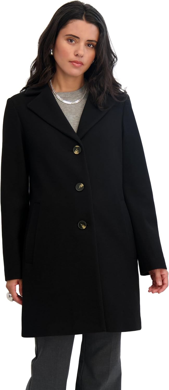 TAHARI Women's Faux Wool Walker Coat with Notch Collar, Front Button Closure, Fully Lined with Stretch