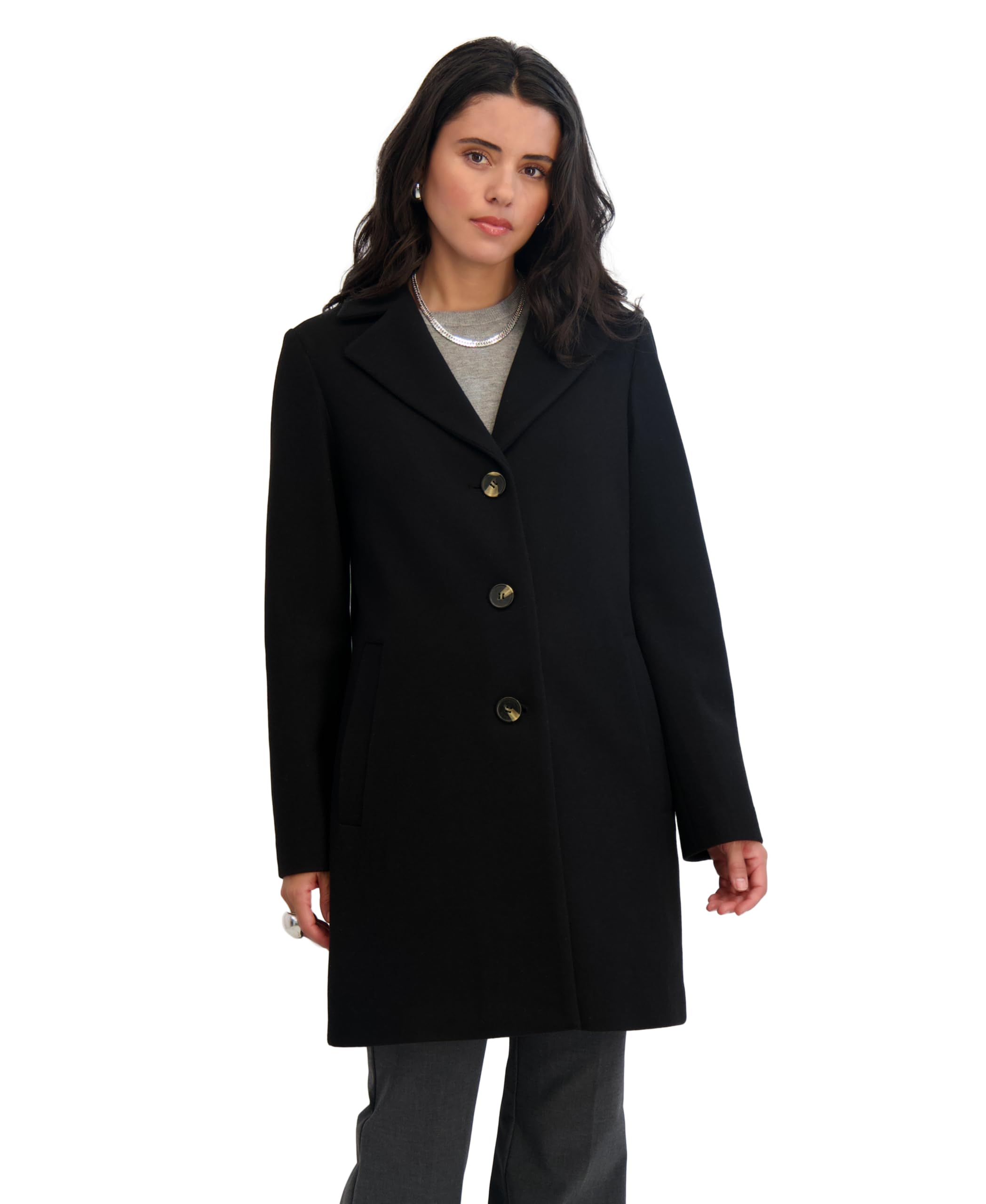 TAHARI Womens Faux Wool Walker Coat With Notch Collar, Front Button Closure, Fully Lined With Stretch