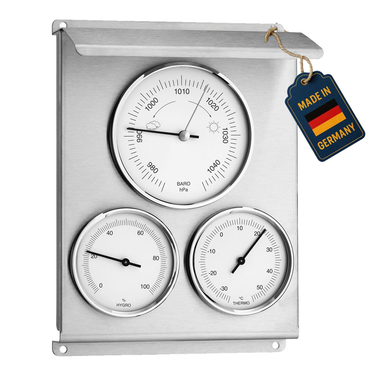 TFA Dostmann Stazione meteorologica analogica per esterni, 20.2010.60, con barometro, igrometro e termometro, in acciaio inox, resistente alle intemperie, argento