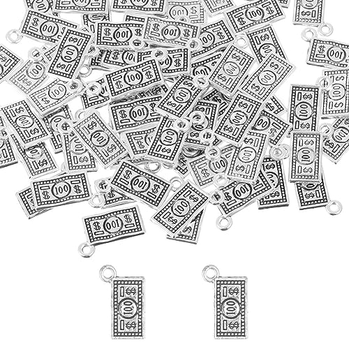 SUNNYCLUE 1 Box 100Pcs Money Charms Bulk Money Sign Charm Cash US 100 Dollar Bill Coin Currency Silver Antique Alloy Charm Bulk for jewellery Making Charms Earrings Necklace Bracelets DIY Crafts