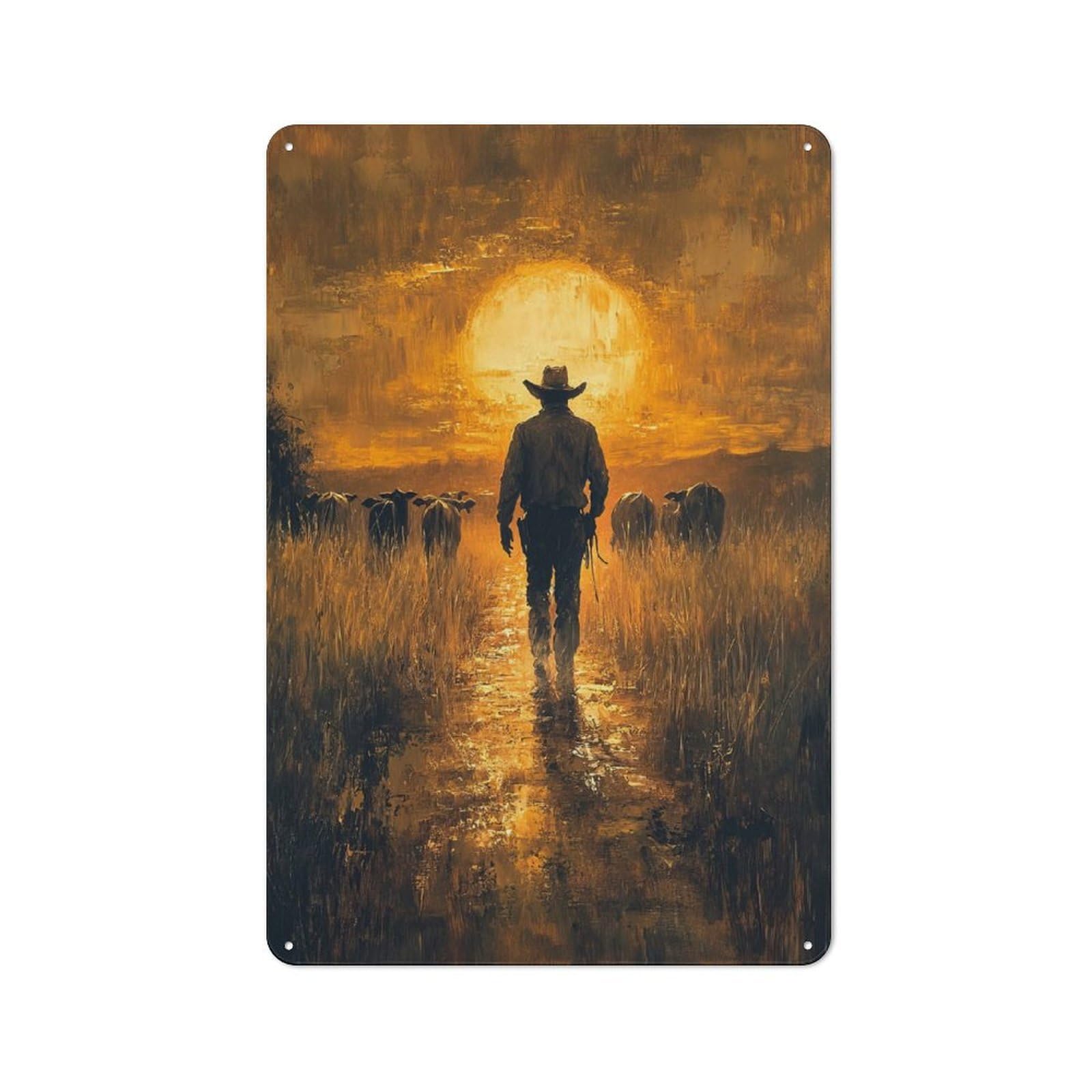 Cowboy at Sunset Retro-style Printed Metal Sign 30x20cm for Hallway Wall, Winter Wall Decor for Wall Display Collectors