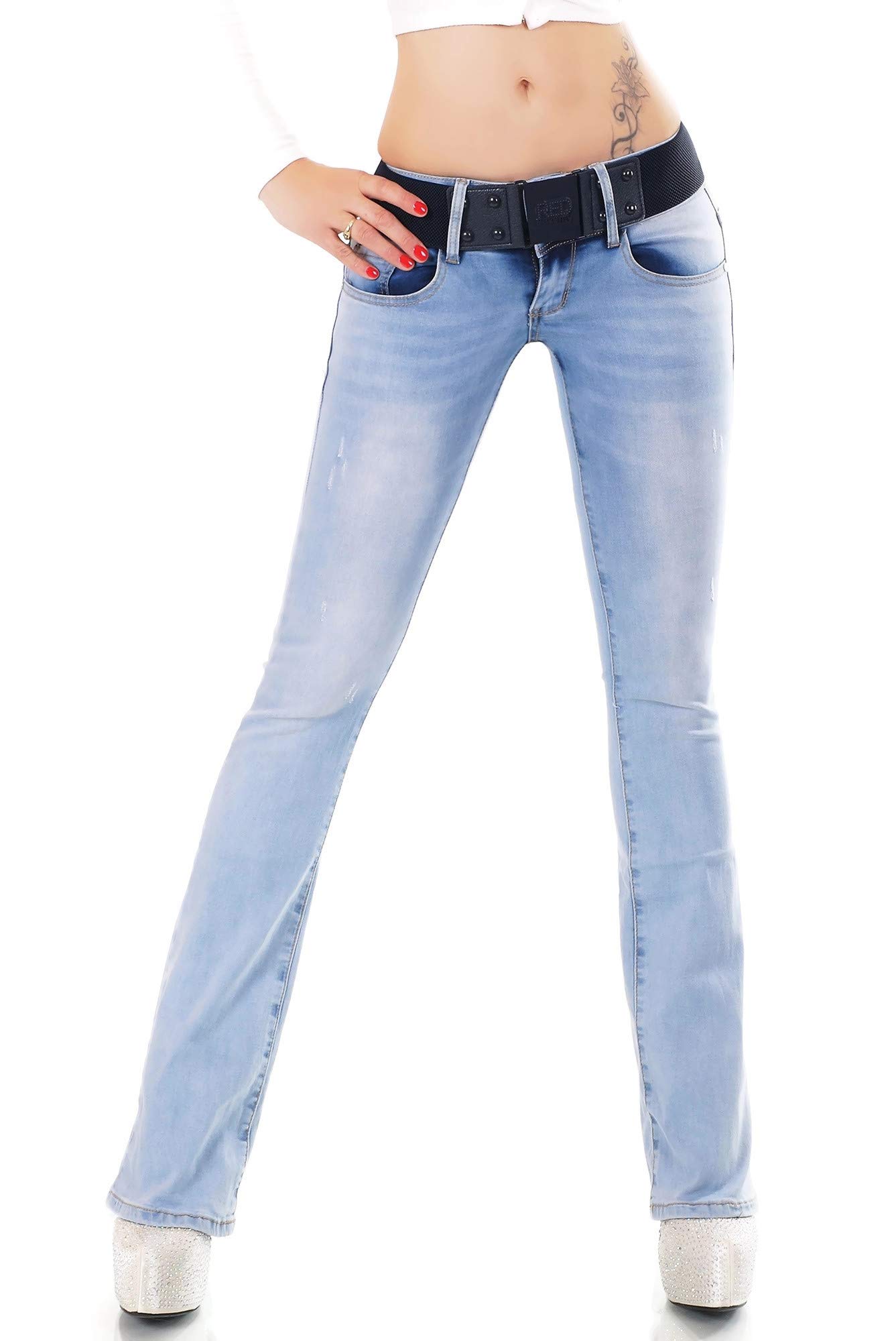 RED SEVENTY Quality Women's Stretchy Blue Hipster Boot-Cut Jeans + Belt. Sizes UK 6-14