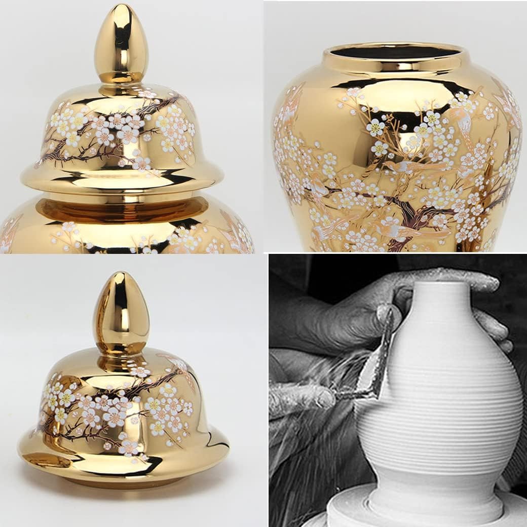 Wazon ceramiczny na imbir z pokrywką, duży, złoty, tradycyjny, porcelanowy, ręcznie malowany, dekoracyjny kwiat i ptak (dł.) (śr.)