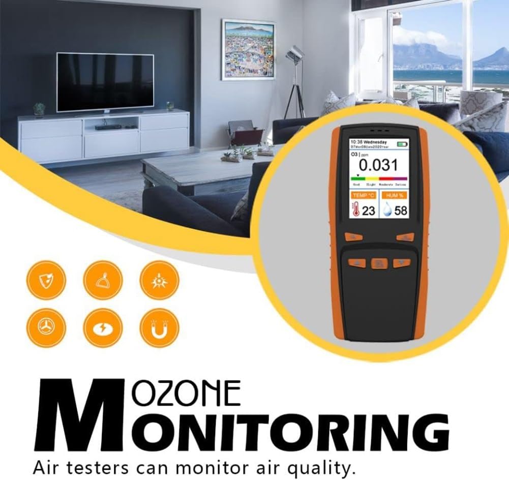 Rilevatore misuratore di ozono in tempo reale, analizzatore di ozono portatile con rilevamento di temperatura e umidità, misuratore di ozono con sensore intelligente portatile, schermo LCD da 2,8"