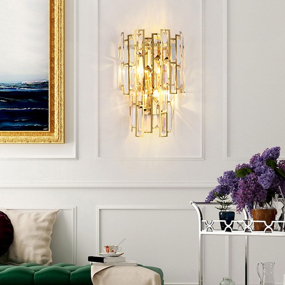 MYUYEE Crystal Wall Lamp Fixture 2 Lights K9 Crystal Metal Wall Lights Wall Sconce Lighting For Hallway Bedroom Bedside Living Room, Bulbs Not Included