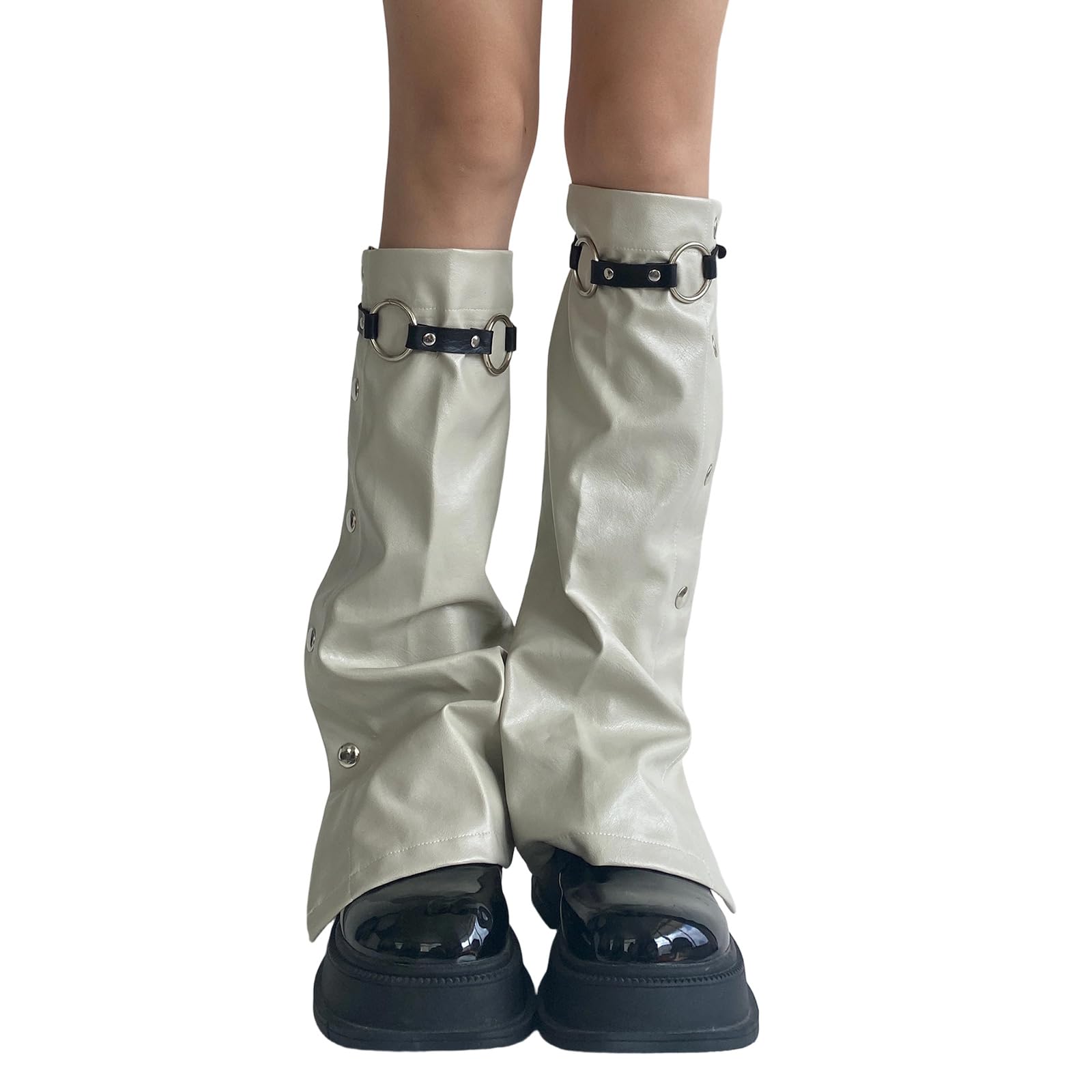 Subcultures Calentadores de pierna de cuero para mujer con hebilla y botones laterales con amplias cubiertas para botas acampanadas calcetines de pantorrilla callejero calentadores de piel