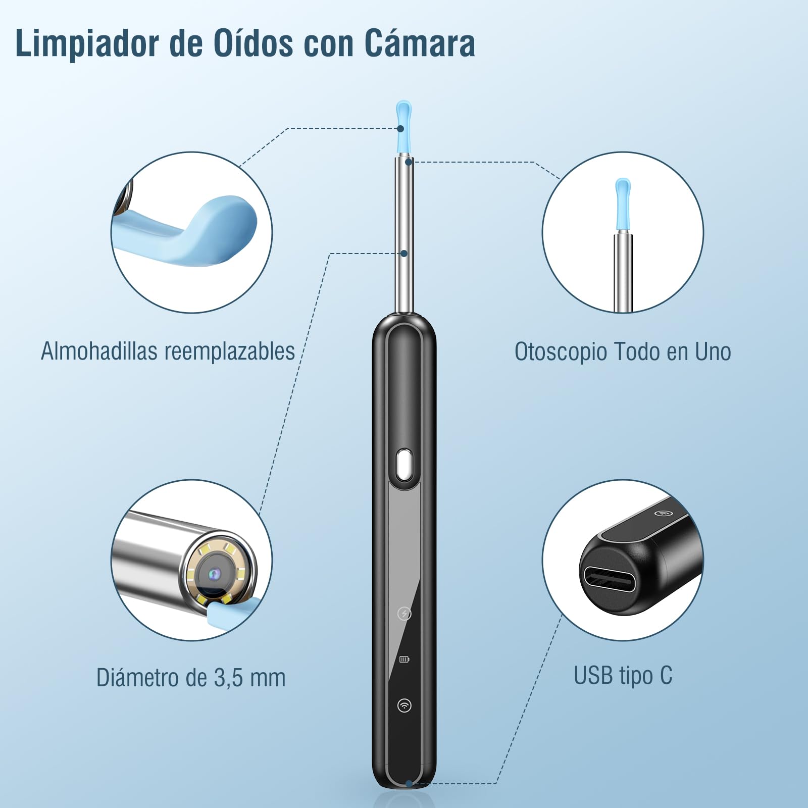 Otoscopio 1080P HD Limpiador Oidos Endoscopio con 6 cucharas para oído 3,5 mm 6 LED con cámara de oído para iPhone, iPad y Android