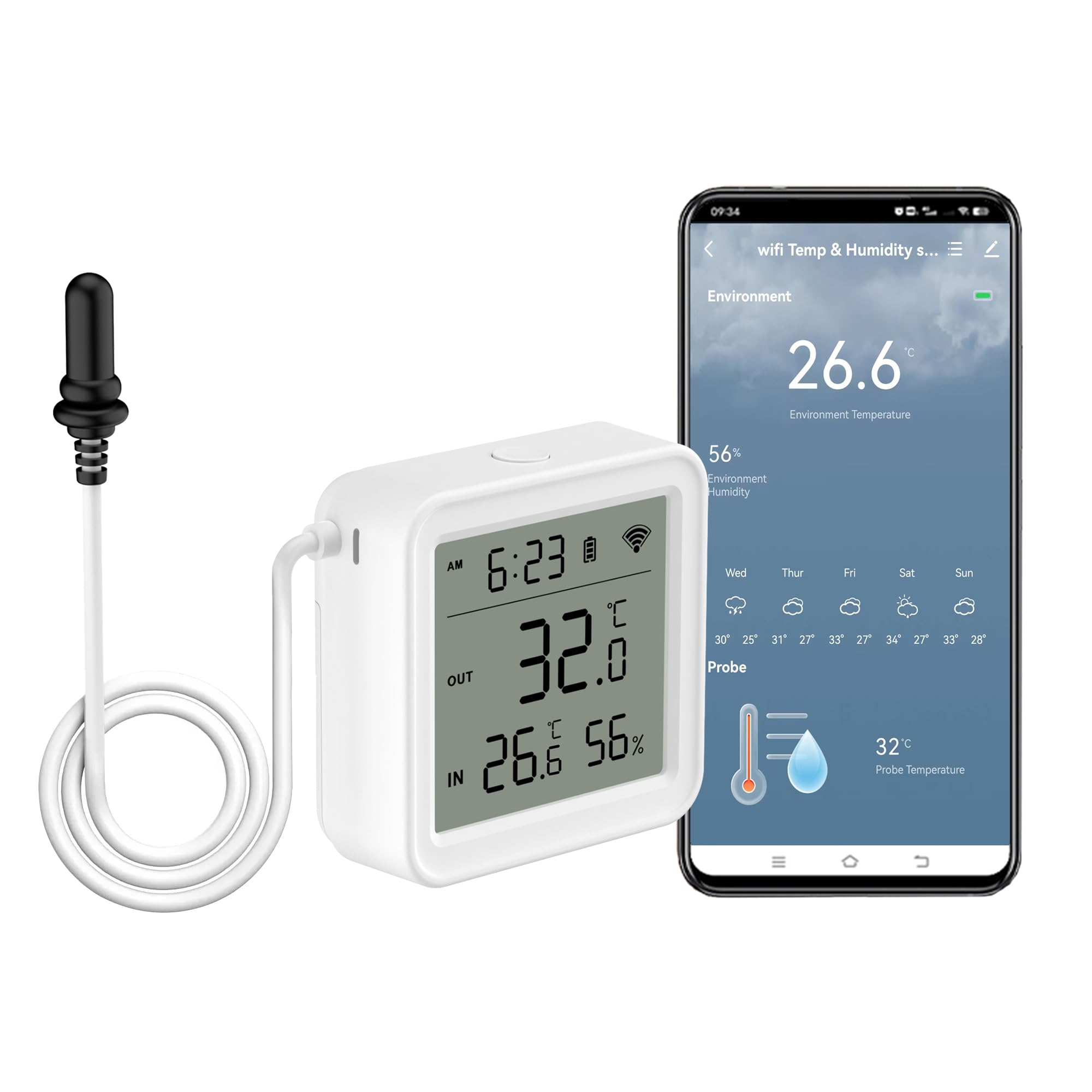 WiFi Thermometer Hygrometer: Smart Humidity Sensor with Temperature Sensor Probe, Remote APP Alert, Digital Temperature Monitor for Food Storage