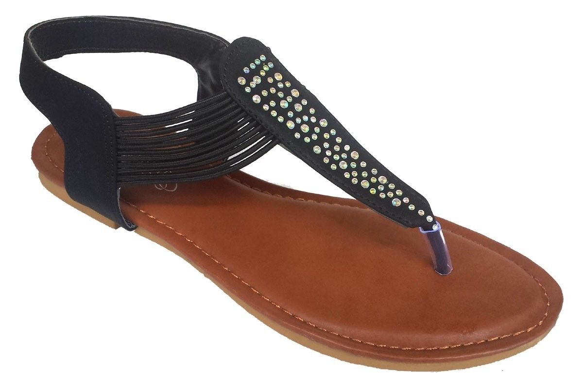 Elegant Womens Fashion Gladiator Thong Flat Sandals with Rhinestones
