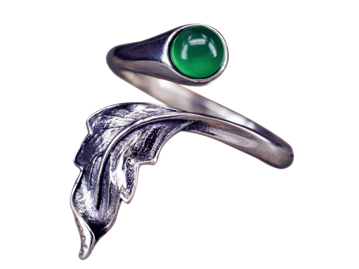 NicoWerk Silberring Feder Vintage Chalcedon Mit stein Grün Ethno Ring Silber 925 Verstellbar Damenringe Damen Schmuck Sterling SRI264