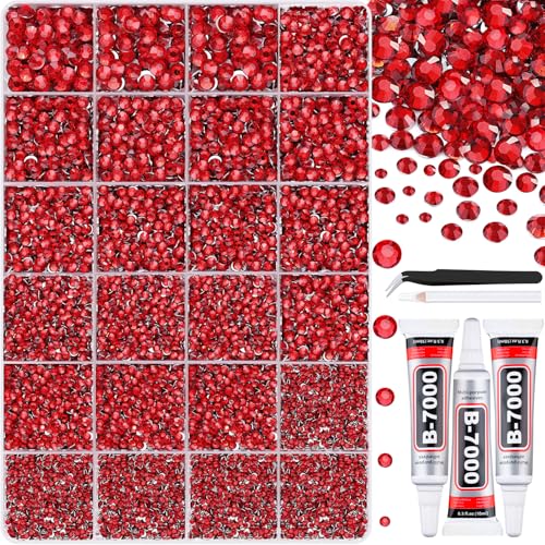 32000Pcs Resin Rhinestones with Tweezers for Crafting Red Flatback Gems Bedazzling Crystal with 3Pcs 10ml B7000 Jewelry Glue for DIY Crafts Clothing Tumblers Shoes Fabric Nail Art