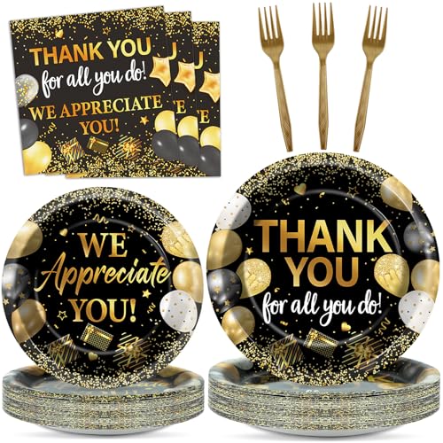 96Pcs Thank You Party Decorations We Appreciate You Plates and Napkins, Black Gold Appreciation Paper Plates for Teachers Employee Staff Pastor Volunteer, Retirement Party Decor Serve 24