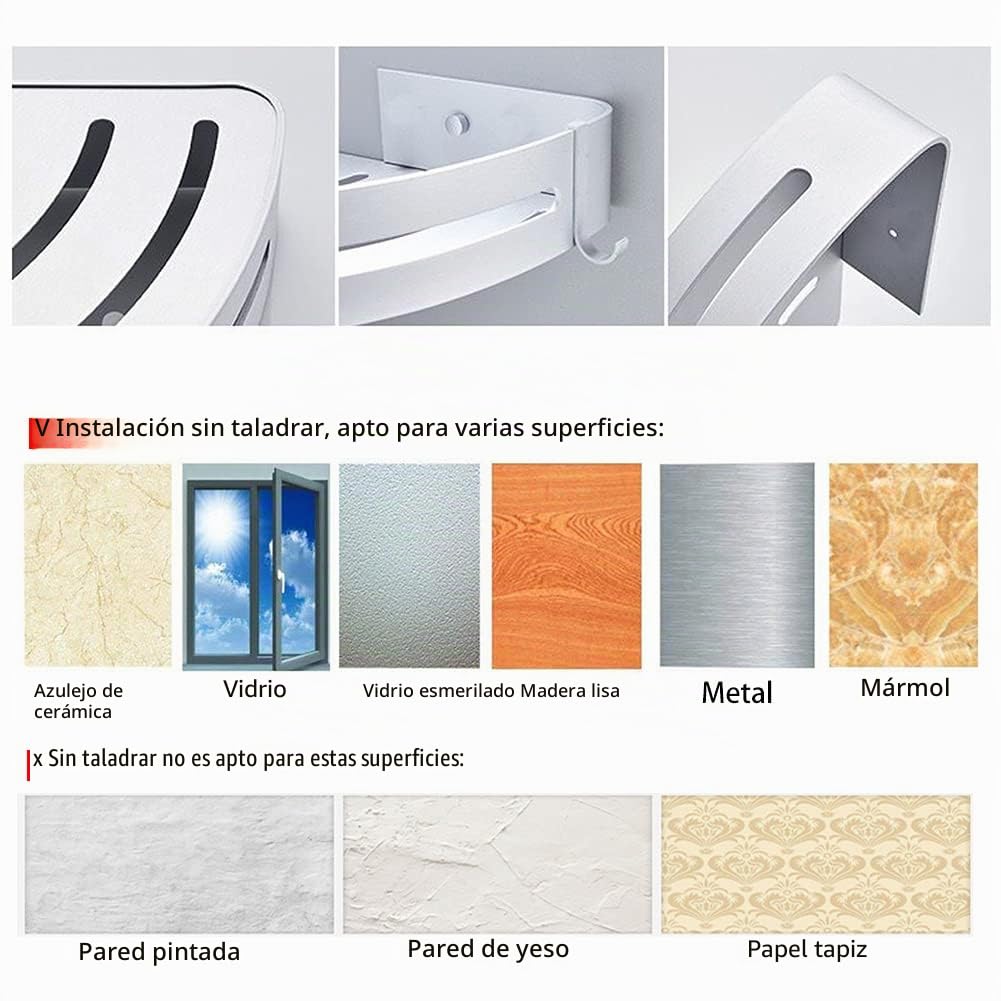 Estantes de Esquina de baño sin Taladro con Ganchos extraíbles Almacenamiento de Carrito de Ducha Adhesivo de Aluminio (Esquina)