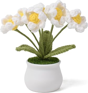 Handmade Crochet Daisy Gifts, 6-Head Potted Cotton Flowers