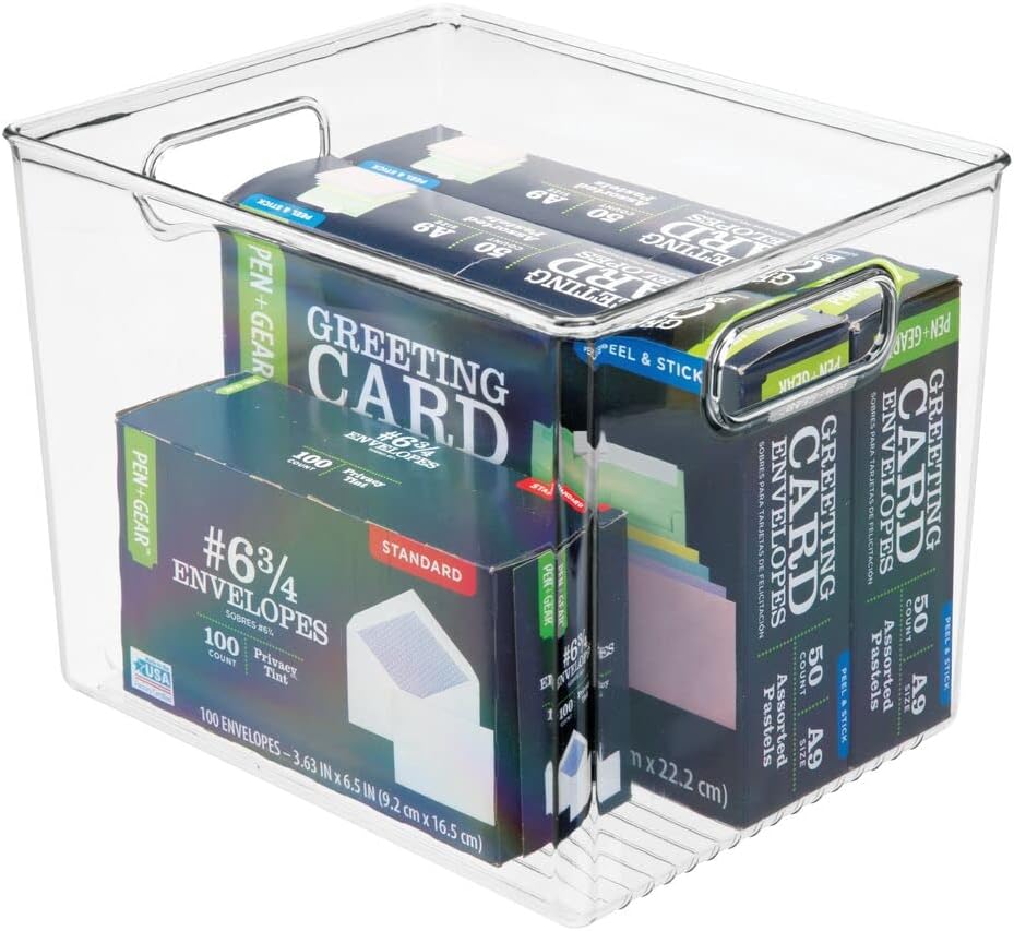 mDesign Tall Deep Rectangular Plastic Office Supplies Storage Organizer Bin with Carrying Handles - Pads, Pens, Pencils, Dry Erase Markers, Highlighters, Sticky Notes, Ligne Collection, 2 Pack, Clear