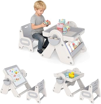 HONEY JOY Kids Table and Chair Set, 9-in-1 Height Adjustable Art Easel w/Whiteboard, Building Block Tabletop, Bookshelf, Sand/Water Table, Storage, Folding Toddler Table and Chair Set Gray