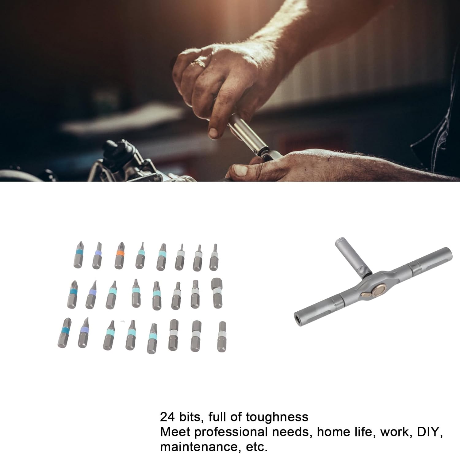 24-in-1 Ratchet Bit Set, Multi purpose Handle with S2 Alloy Bits, Labor saving Design for Professional Needs, Home Life, Work, Maintenance, 92.5 x 160 x 36mm
