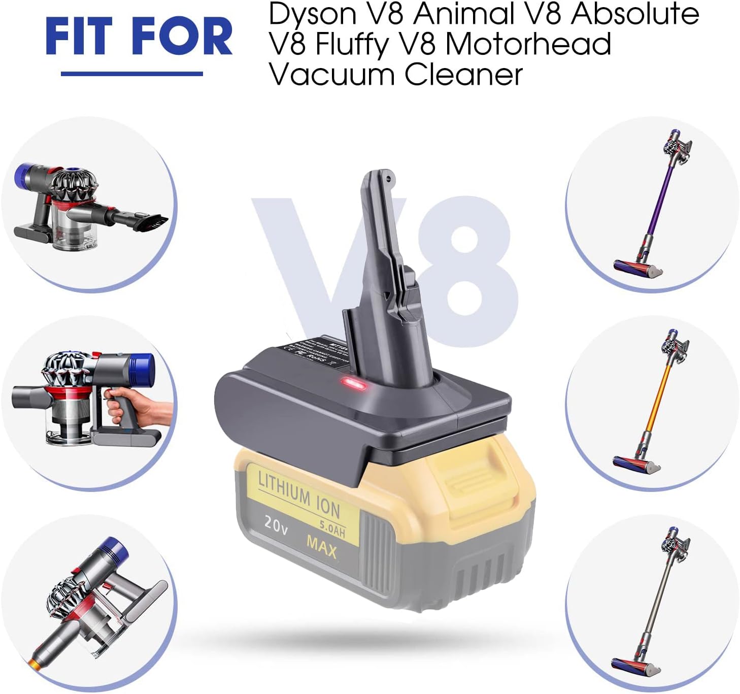 TPDL V8 Battery Adapter, for DeWalt 20V Battery Convert to for Dyson V8 Series Vacuum Cleaner Animal Fluffy Motorhead Vacuum Converter (Adapter only)