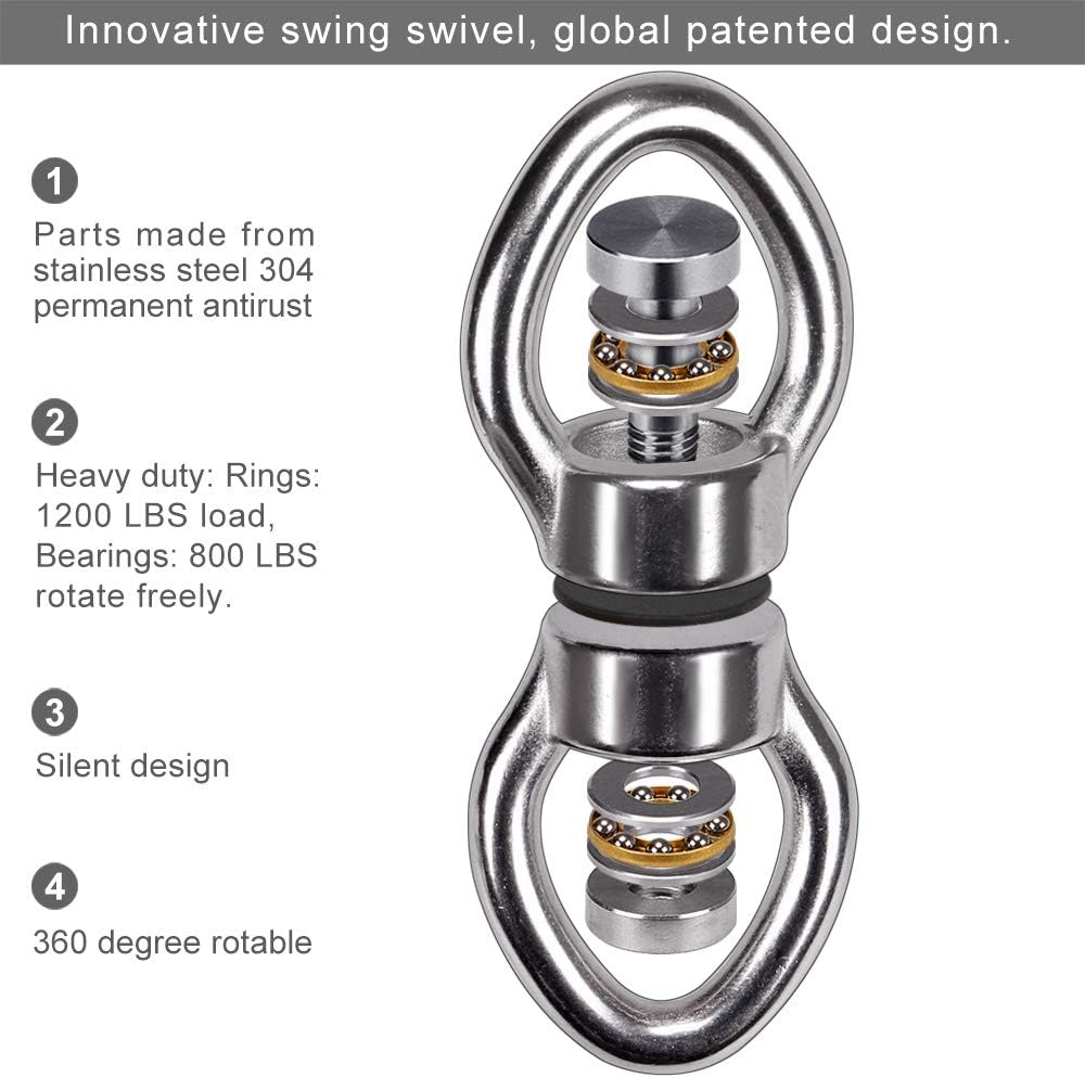 SELEWARE Silent Bearing Swing Swivel, 360° Rotational Device Hanging Accessory for Tree Swing, Hammock Chair, Yoga,1200LB Capacity, 2 Pack