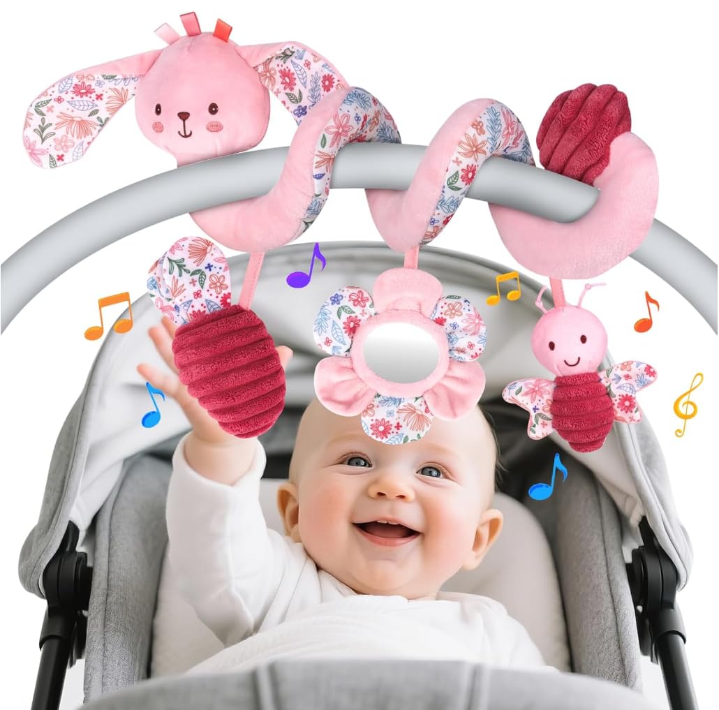 SNOWIE Soft® Baby Spiral Activity Toy for Stroller & Car Seat, Cartoon Bunny Plush Hanging Sensory Toy with Rattle Mirror & Crinkle Elements, Soft BPA-Free Developmental Toy for Infants-image-46