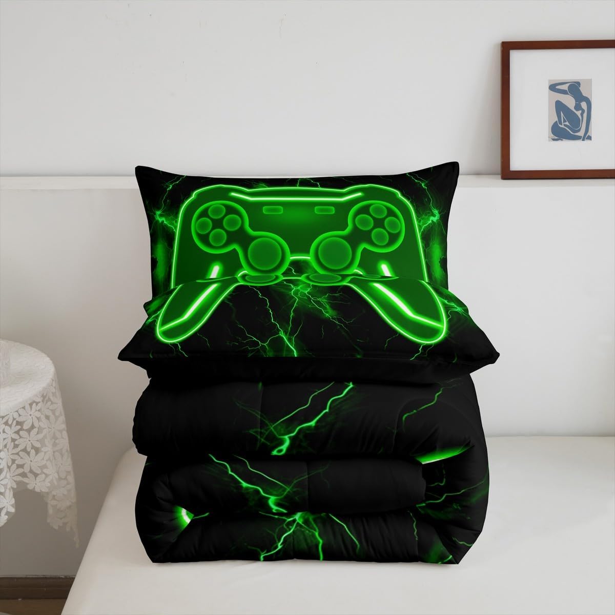 Feelyou Gamer Bedding Set Toddler Size Gaming Bedding Set for Kids Teens Adults Green Lightning Modern Game Console Controller Duvet Quilt Game Room Decor 2Pcs with 1 Pillow Case All Season Soft