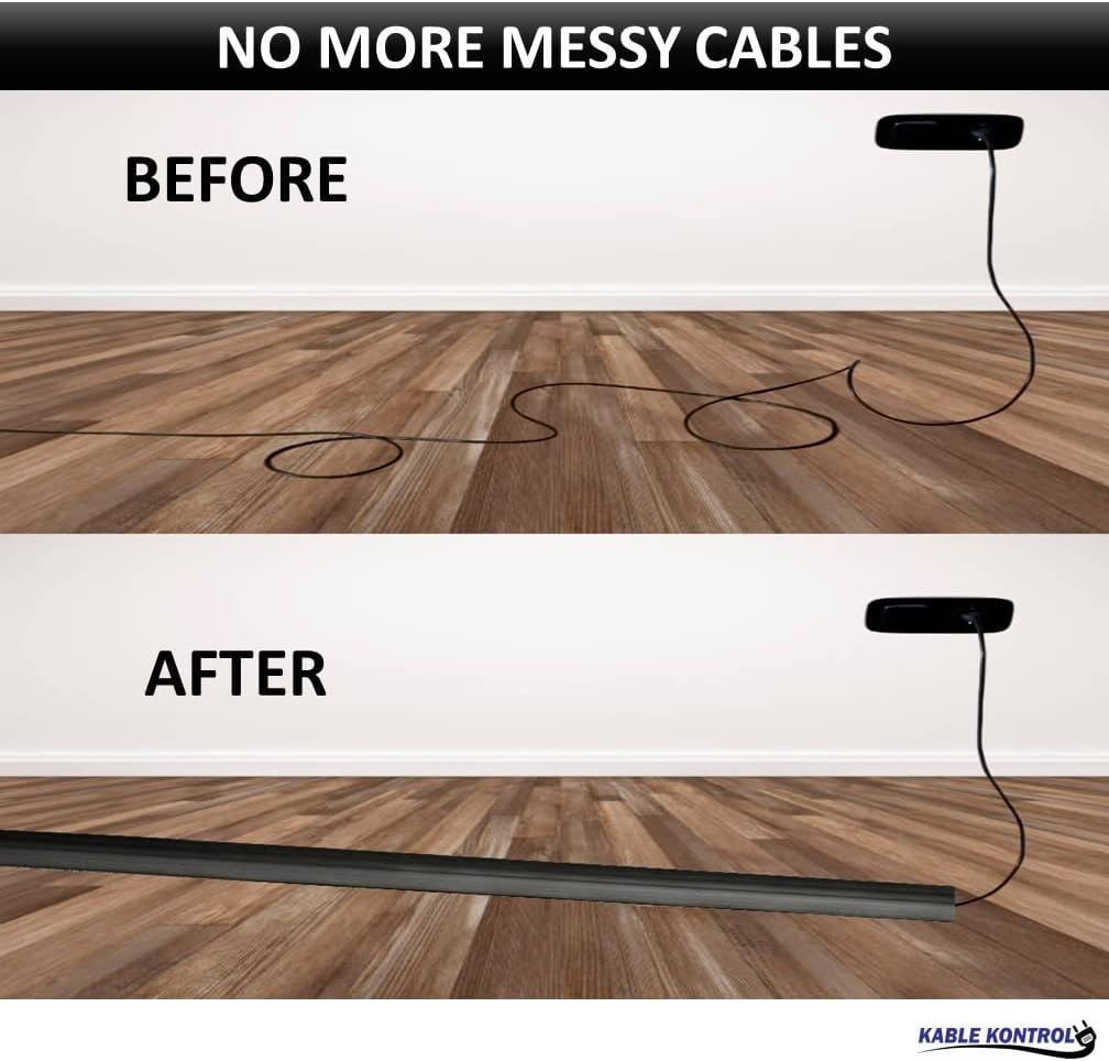 Kable Kontrol Floor Cord Cover kit - 15 Feet Long Black Plastic Cable Protector, Hides Cords and Conceals Wires, for Extension Cord Cable Management, Channel Size 0.75” W x 0.43” H