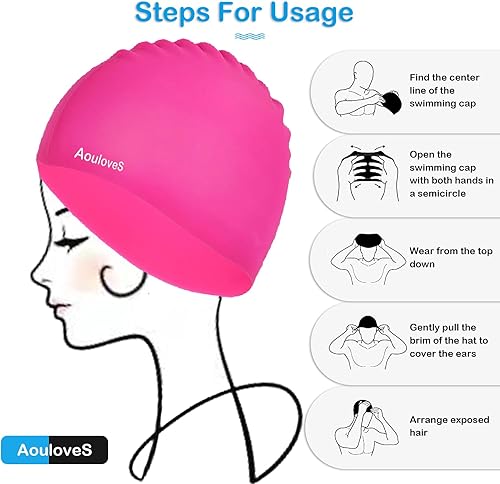 Miniatura 4 de Paquete de 2 gorros de natación para niños y niñas, unisex, de silicona, para niños de 4 a 12 años, ajuste cómodo para cabello largo y cabello corto