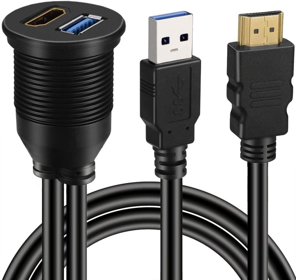 USB 3.0 & HD to HD + USB3.0 AUX Extension Dash Panel Waterproof Car Flush Mount Cable For Car Boat and Motorcycle - 3ft