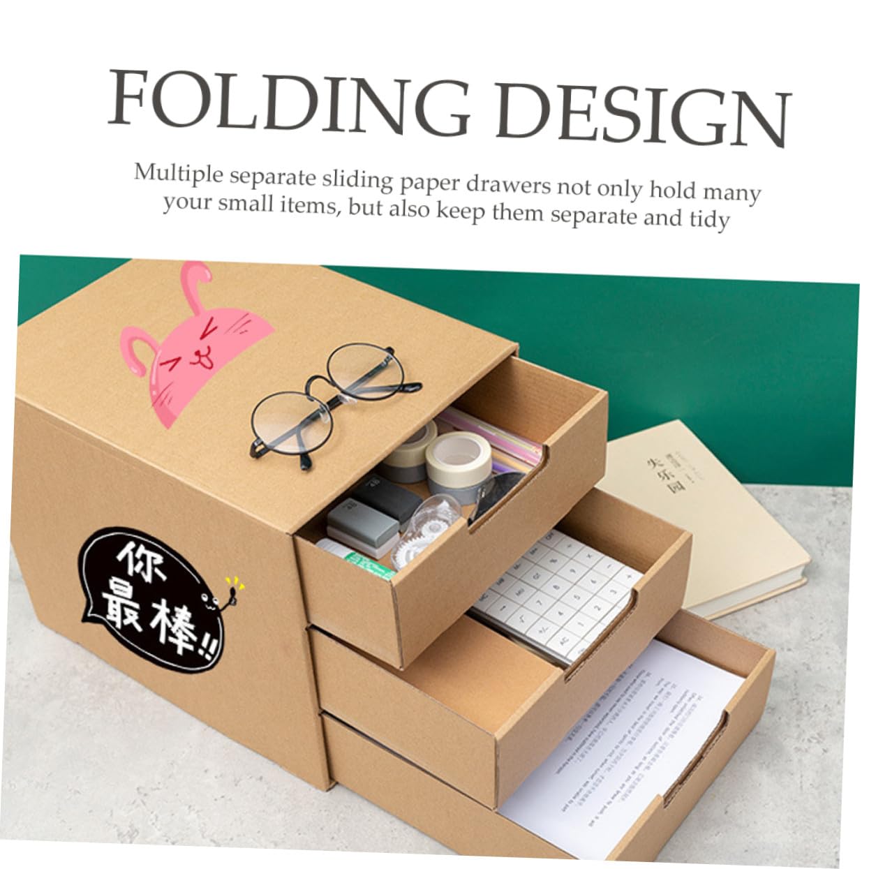 Gatuida Organizador de Papelería Cajones Deslizantes de Papel Beige para Escritorio, Caja de Almacenamiento Multifuncional para Oficina y Escritorio