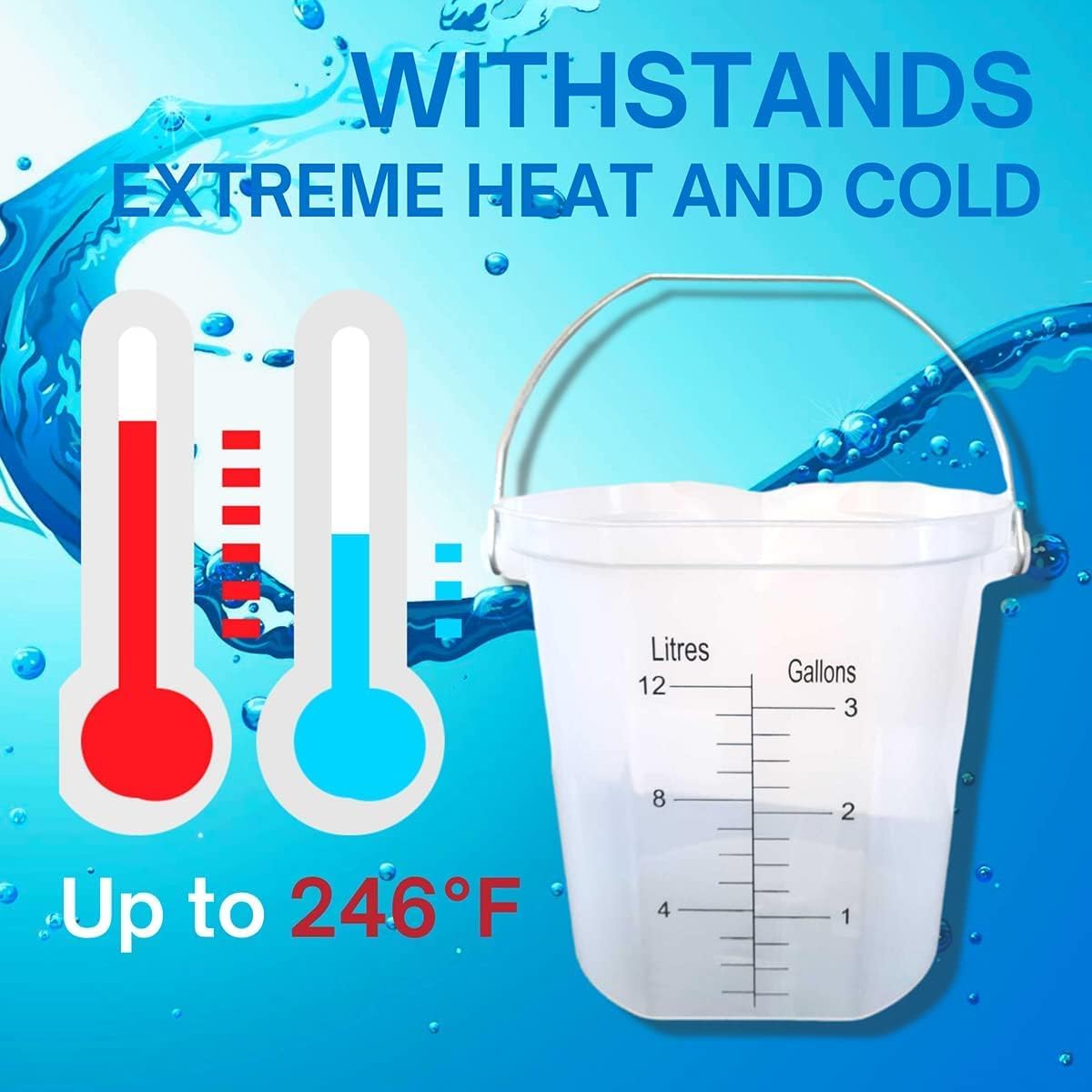 ACCUPOUR 3 Gallon Measuring Bucket with Handle - Multipurpose, Heat Resistant & Chemical Resistant, Measurements in Liters (L) and Gallons (gal) - Large Measuring Container (5 Pack)