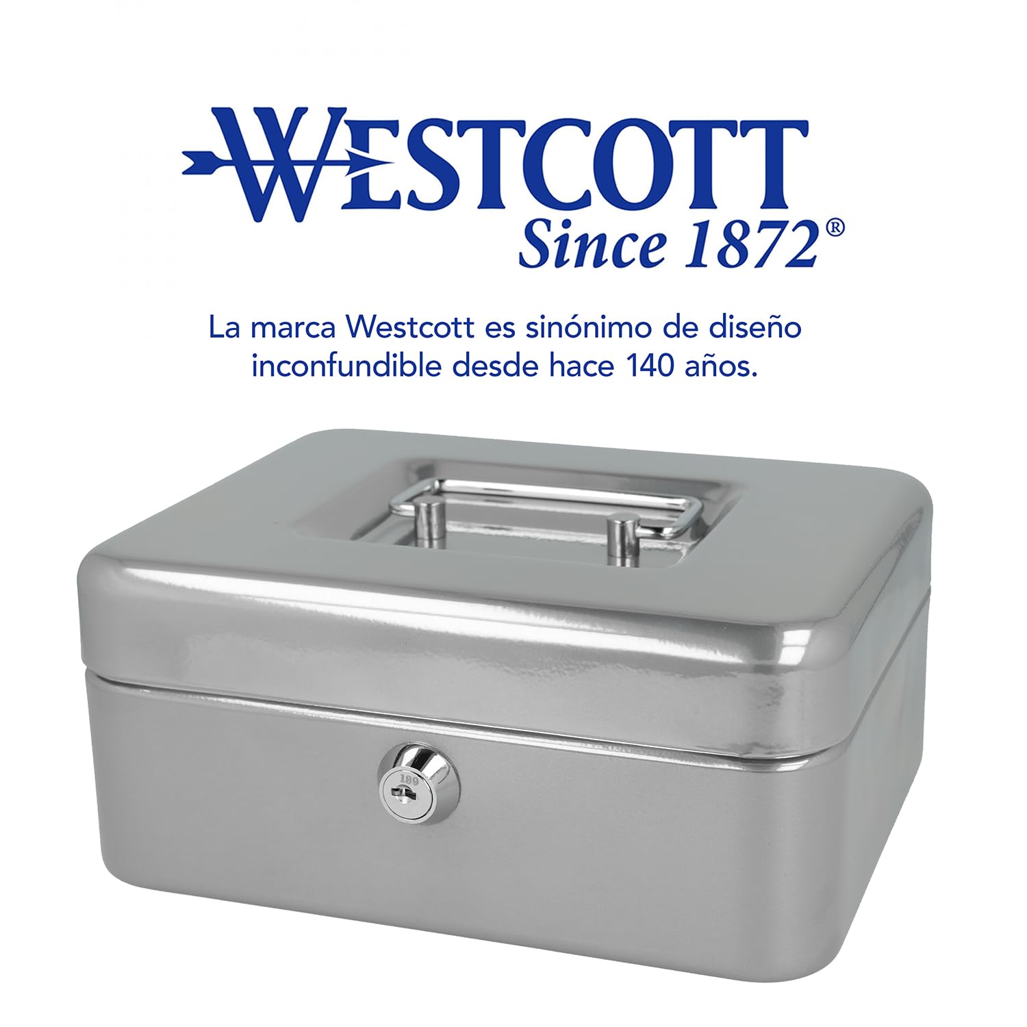 Westcott Caja de efectivo con cerradura (20 cm) plata | Caja con cerradura de chapa de acero con 2 llaves | Inserto extraíble para monedas con 3 compartimentos | E-51001 SILVER