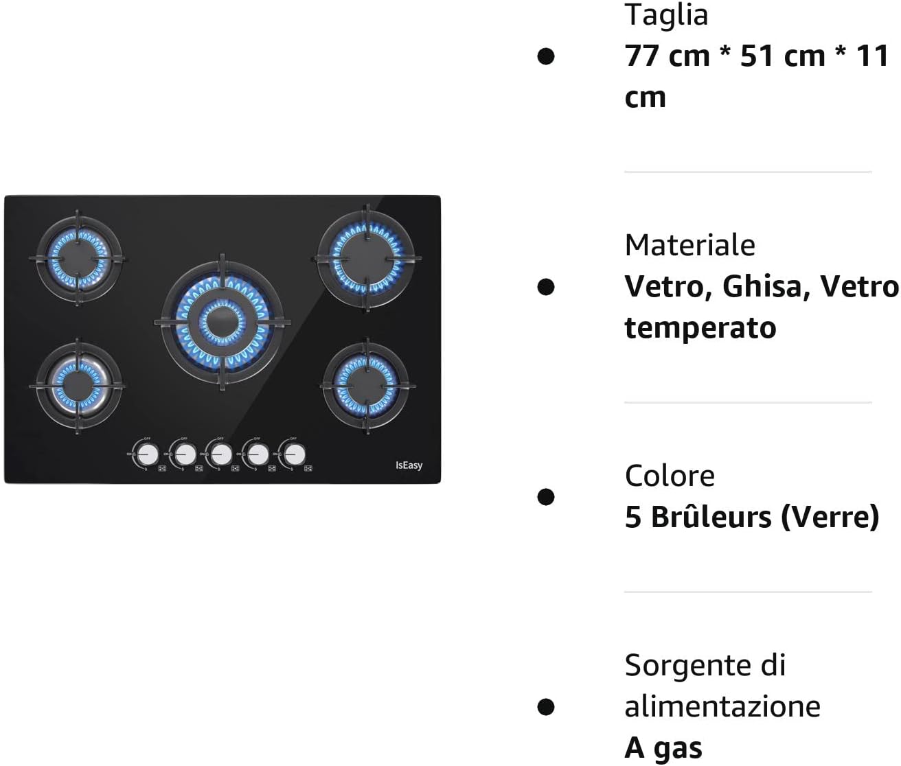 Piano cottura a gas 5 fuochi, piano cottura da incasso, gas metano/propano Piano cottura a gas 5 fuochi, piano cottura da incasso, gas metano/propano