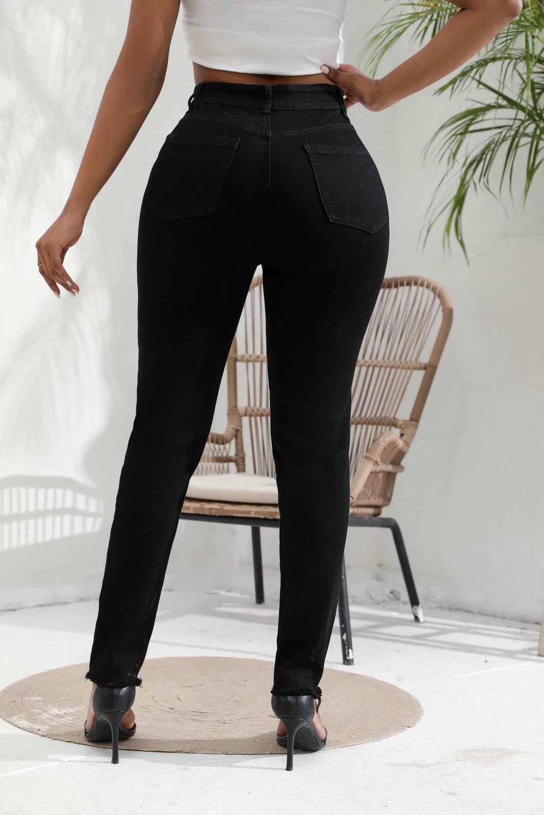 Jeans da Donna Fashion Denim Slim-Fit Strappato Lungo Neri A Vita Sexy per Donne-Azzurro-l