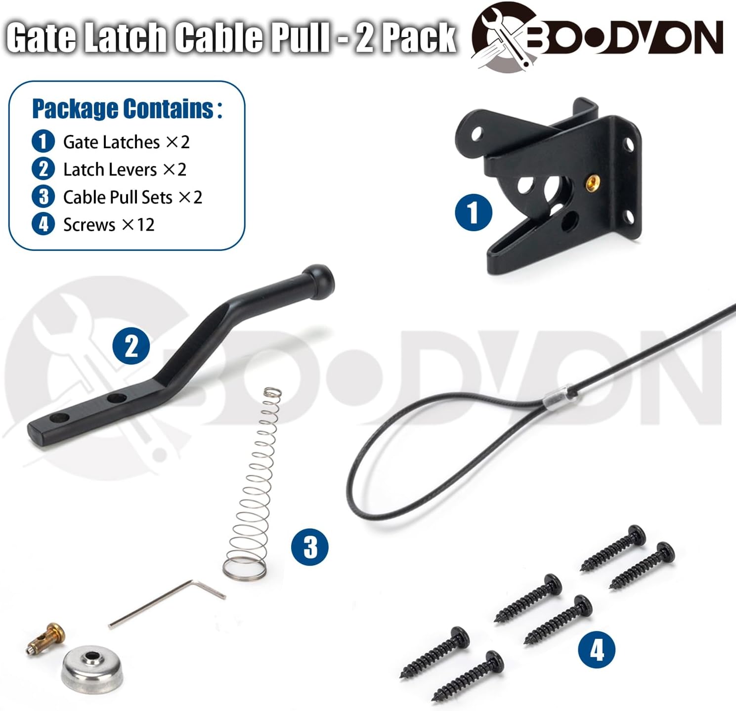 Self Locking Gate Latch with Spring Cable Pull for Wooden Fence Heavy Duty, Gravity Lever Fence Gate Latches for Outdoor Secure Pool Garden Shed, Black Finish, 2 Pack