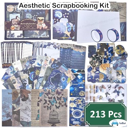 Image of FunBlast Cosmos Journal Kit, Aesthetic Scrapbooking Kit - 213 Pcs Vintage Junk Journal Supplies with Scrapbook Paper, Washi Stickers, A6 Grid Notebook, DIY Craft Journaling Gift (NavyBlue)