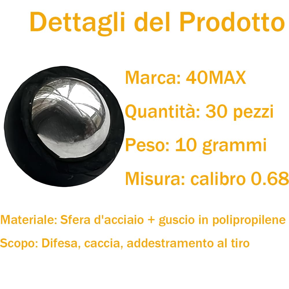30 Pezzi Paintball Calibro 0,68， 10 Grammi ，Palla metallica con rivestimento in gomma per SD/LE T4E TR68 HDR68 HDS68 HDB68 HDX68 Valken M17
