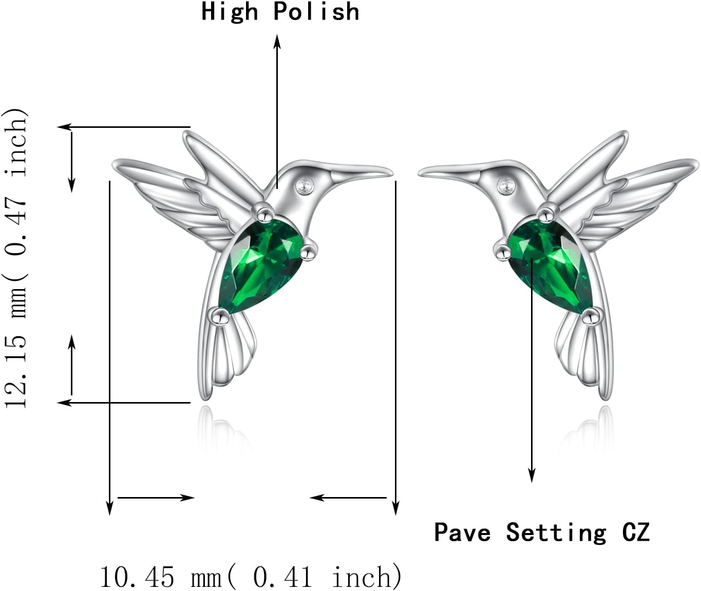 925 Sterling Silver Hummingbird Earrings Stud with Green Cubic Zirconia Hypoallergenic Jewelry Gift for Women