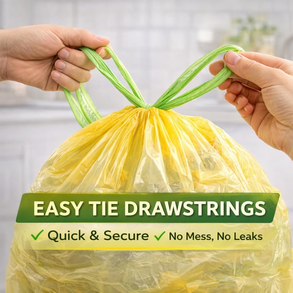 13 Gallon Biodegradable Trash Bags with Drawstrings, 75 Count Plant Based, Code Q Tall Kitchen Compost Bags 50 Liter Bin - Green Garbage Liners - 1.3 mil Thick Heavy Duty and Eco Friendly Trash Bags