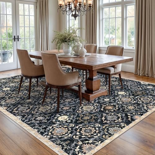 KILOCOCO 8x10 Area Rug, Moroccan Super Soft Washable Living Room Vintage Floral Rug, Non-Slip Large Print Faux Wool Throw Indoor Rug for Playroom Bedroom Office Carpet, Black/Navy Blue/Multi