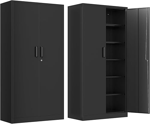 Gabinete de almacenamiento de metal para garaje, armarios de almacenamiento de 71 pulgadas de alto con 2 puertas y 5 estantes ajustables, caninete