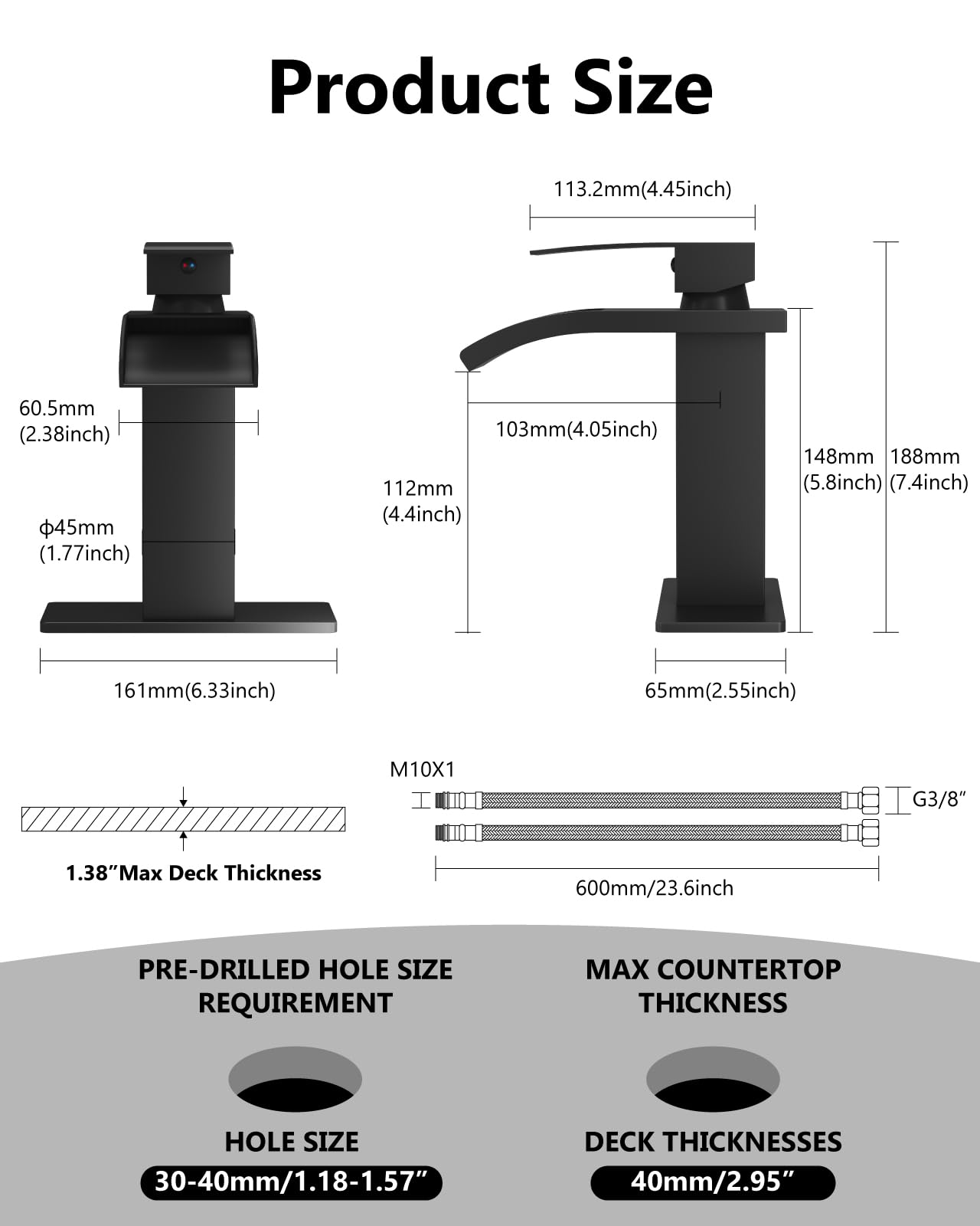 Waterfall Bathroom Faucet for 1 Hole Single Handle Vanity Bathroom Sink Faucet with Deck Plate Pop-up Drain Supply — view 8