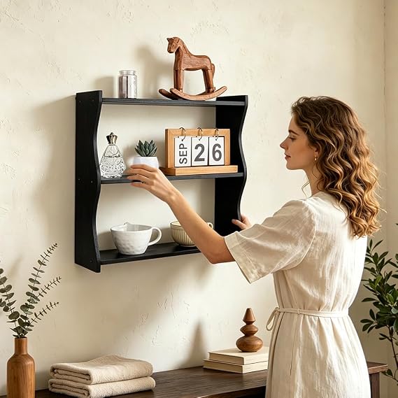 PH PandaHall 3-Tier Wood Wall Shelf, Black Floating Shelves Hanging Storage Shelf Wall-Mounted Shelves Bookshelf for Apartment Bedroom Bathroom Kitchen Home Office, 17.3x5.1x16.9 inch
