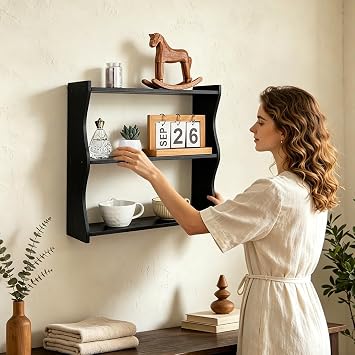 PH PandaHall 3-Tier Wood Wall Shelf, Black Floating Shelves Hanging Storage Shelf Wall-Mounted Shelves Bookshelf for Apartment Bedroom Bathroom Kitchen Home Office, 17.3x5.1x16.9 inch