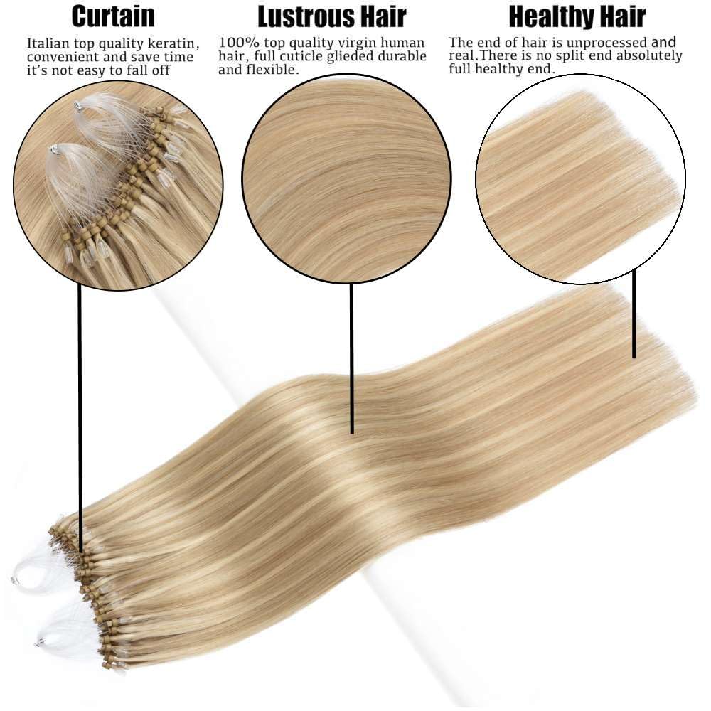 Kun Na Micro Loop Hair Extensions Real Human Hair Bleach Blonde with Ash Blonde Multi-Colours Remy Straight Micro Beads Hair Extensions 50g/pack(24 inch - Image 3