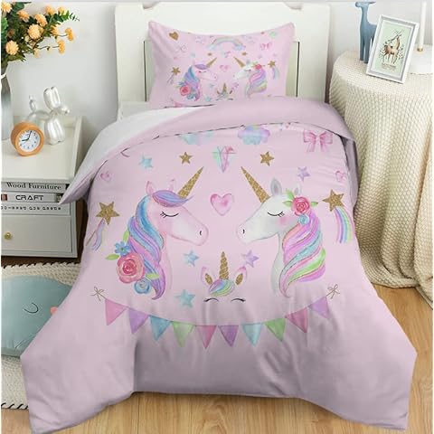 Wajade Single Duvet Cover Set with Pillowcase Pink Unicorn Rainbow Star Duvet Quilt Cover 3D Bedding Set for Kids Girls Cover