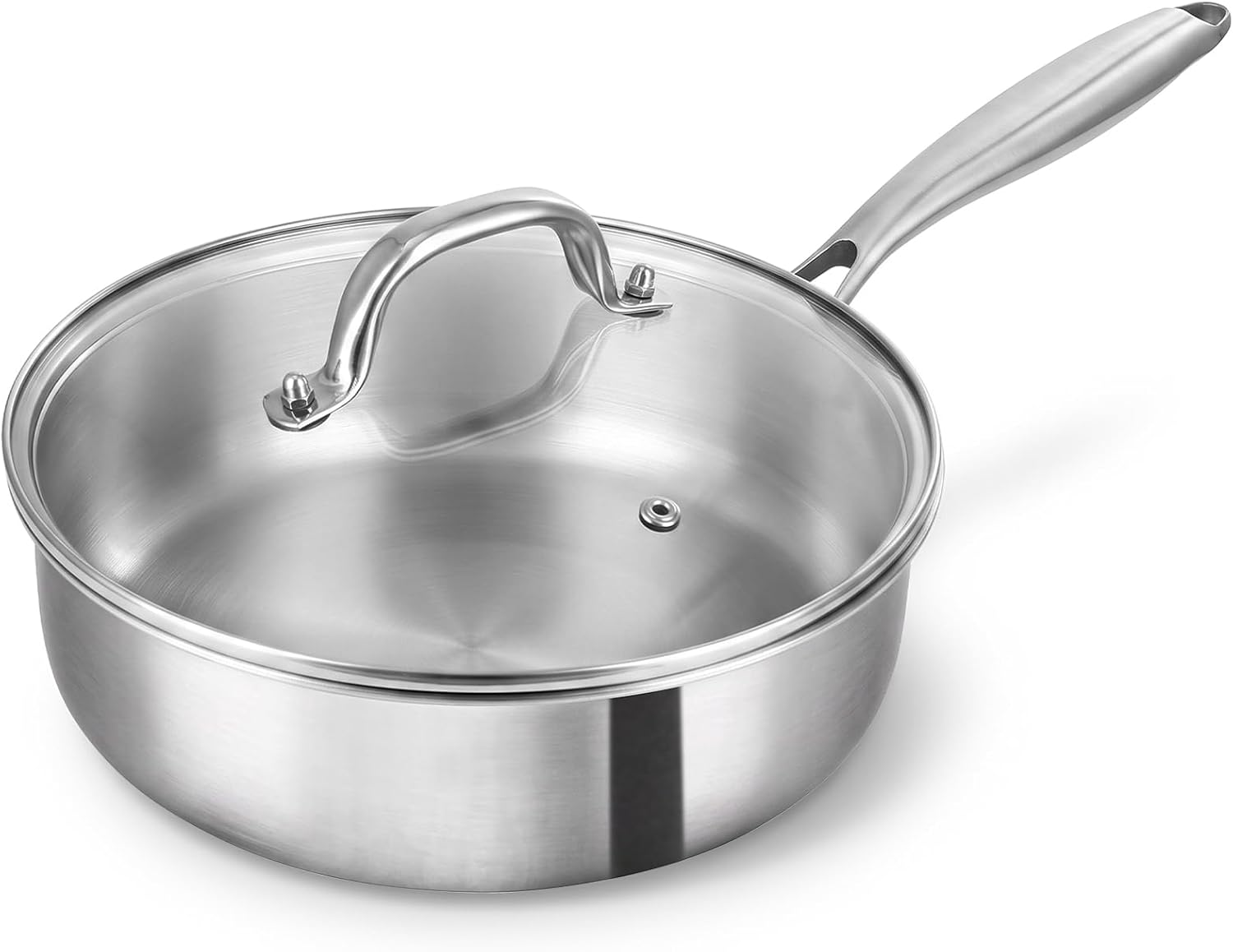 10" 3.5Qt Tri-Ply Stainless Steel Deep Frying Saute Pan with Lid