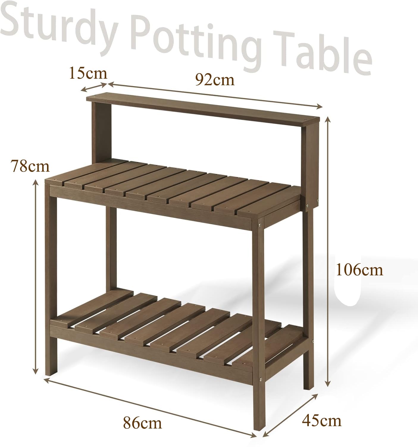 Efurden Mesa de banco para macetas, mesa para macetas al aire libre hecha de madera de polietileno, mesa de jardinería y estación de macetas, color marrón