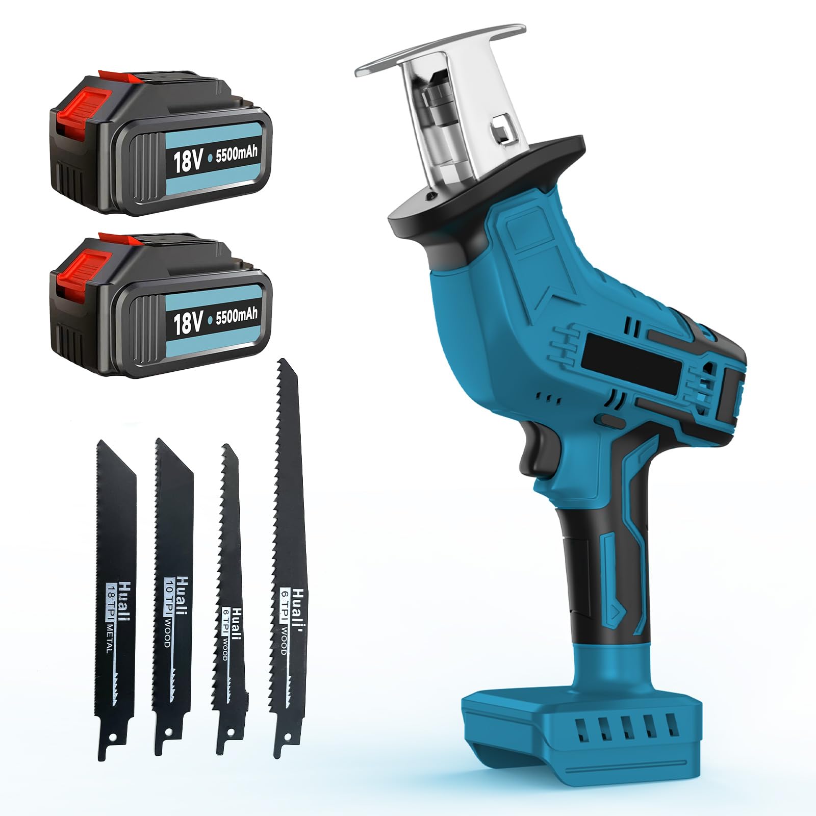 Reciprocating Saw with 2X 5.5Ah Battery and Charger, 18V Reciprocating Saw Cordless Wood Saw, 3500SPM Variable Speed Electric Sabre Saw, 4 Saw Blades for Wood Metal Cutting,Tree Pruning