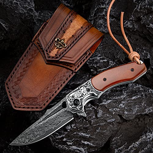 Spirit Deed Handmade Japanese Vg10 Damascus Steel Pocket Knife, Bone Handle,Leather Sheath,Liner Lock,Folding Knives For Outdoors Camping Hiking Fishing Hunting #TOP3